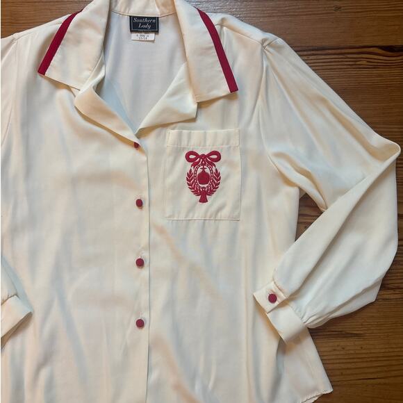 Southern Lady white long sleeve red trim and crest womens blouse SIZE 16 - Picture 2 of 5